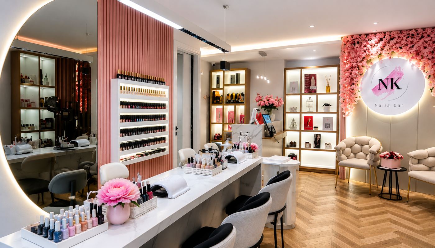 Le salon NK Nails Bar à Guéliz : postes de manucure, mur de vernis et mur de fleurs